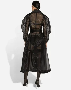Technical organza trench coat with gathered sleeves