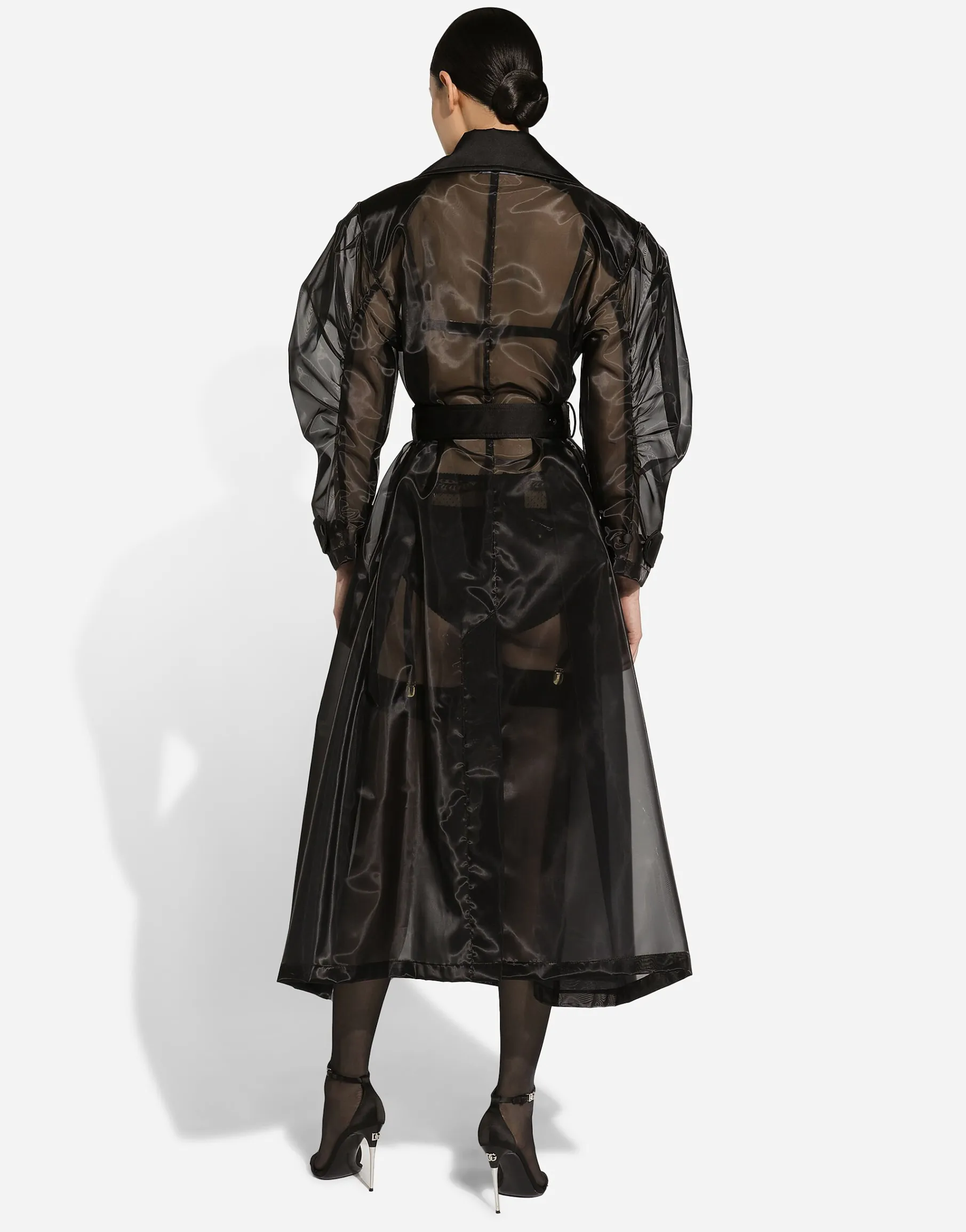 Technical organza trench coat with gathered sleeves