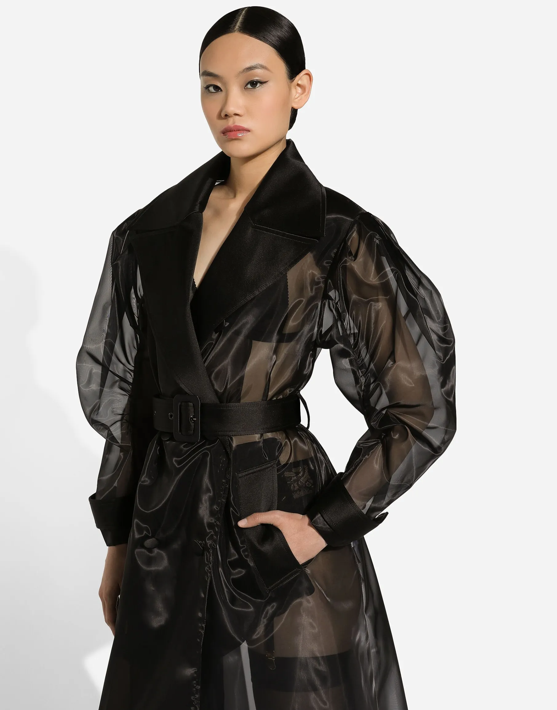 Technical organza trench coat with gathered sleeves