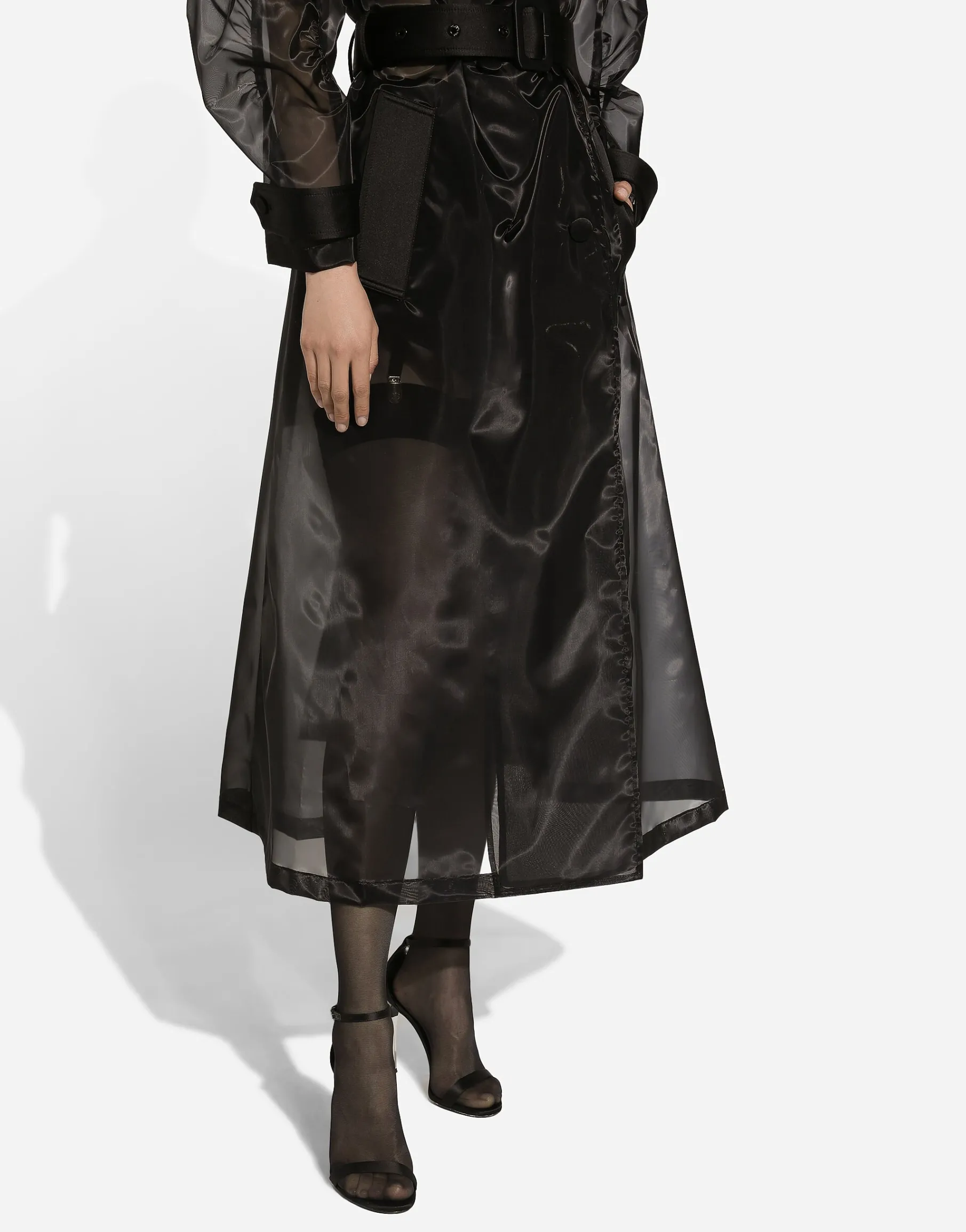 Technical organza trench coat with gathered sleeves