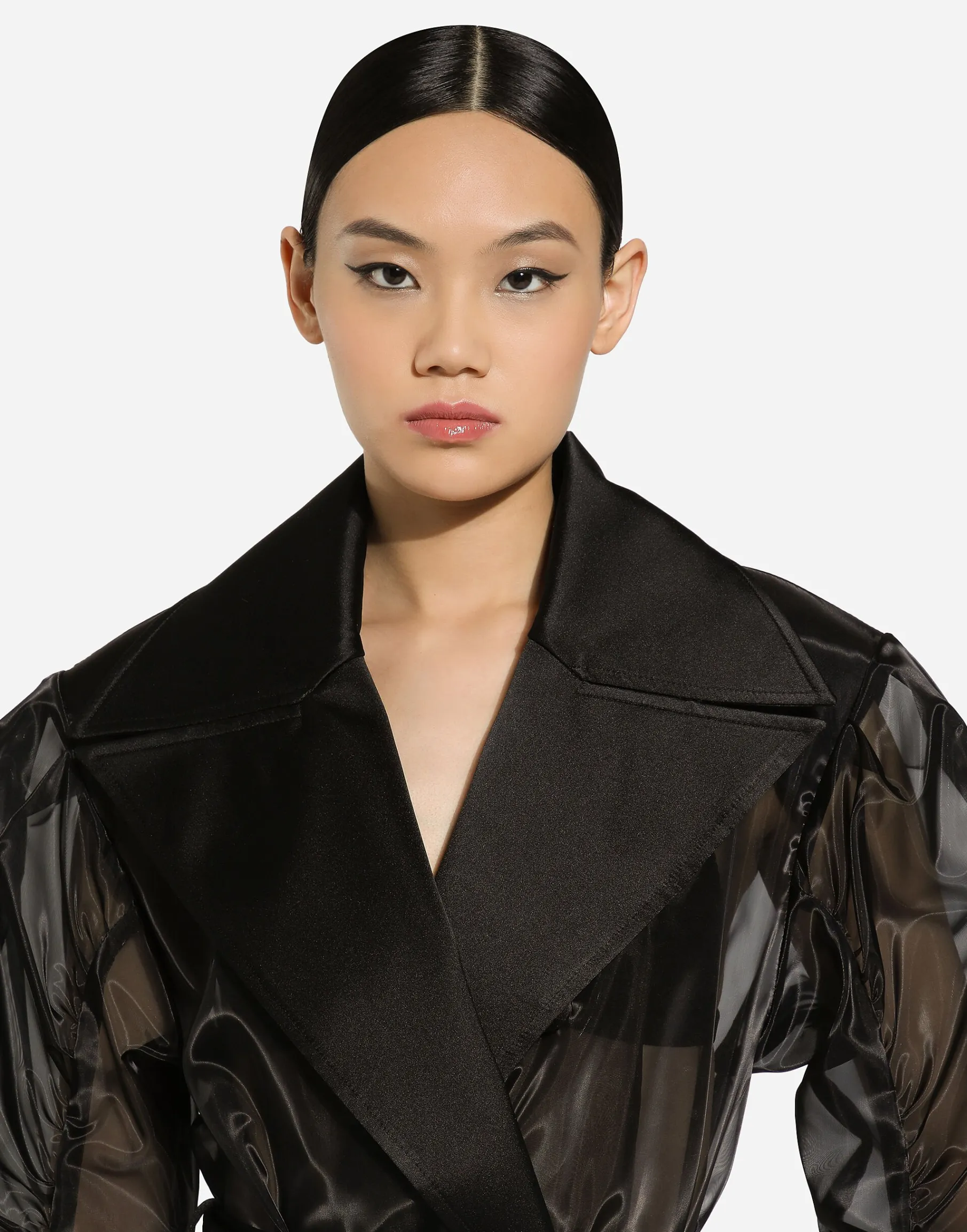 Technical organza trench coat with gathered sleeves
