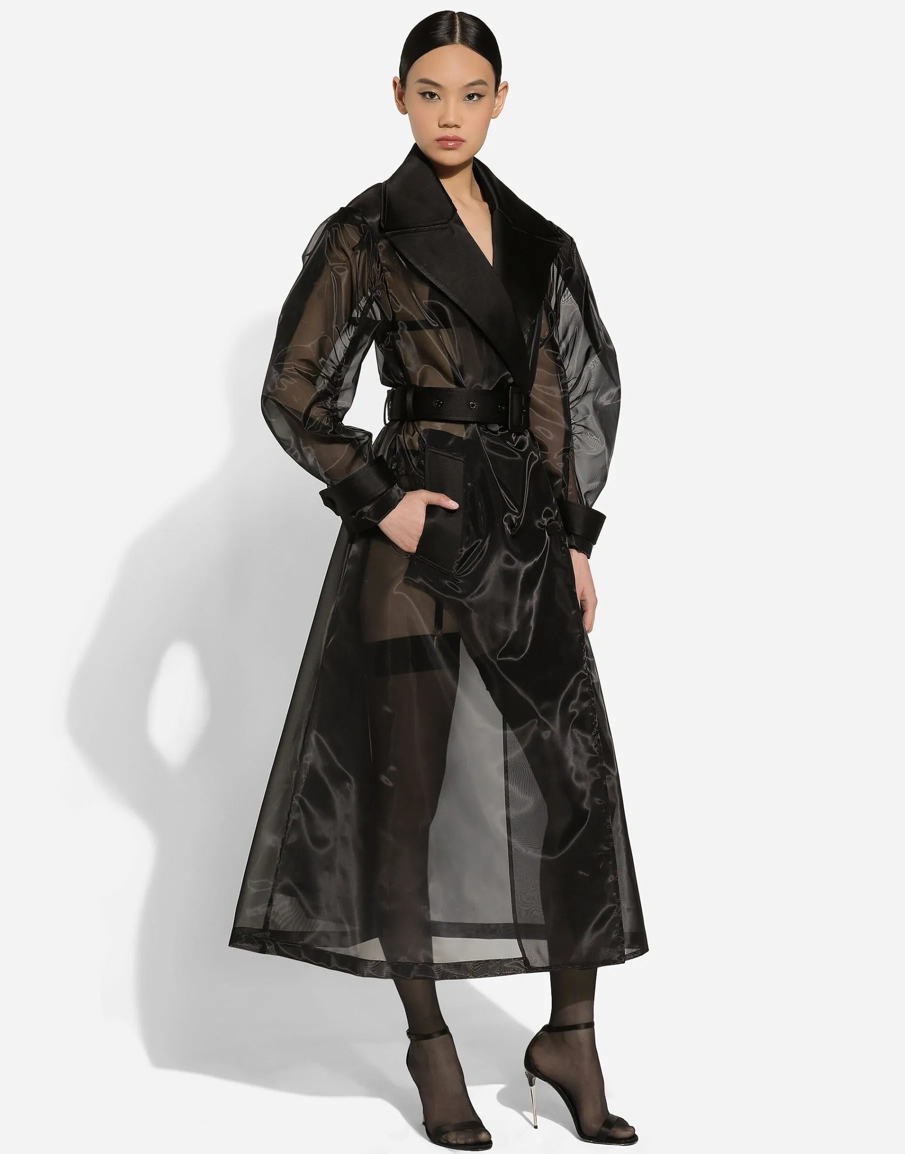 Technical organza trench coat with gathered sleeves
