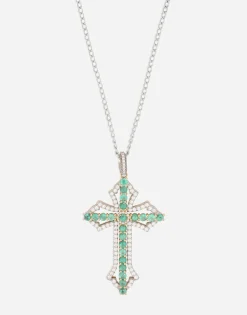 Tradition pendant in yellow and white gold 18kt with emeralds and diamonds