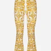 Trumpet-leg silk charmeuse pants with majolica print