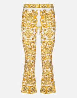 Trumpet-leg silk charmeuse pants with majolica print