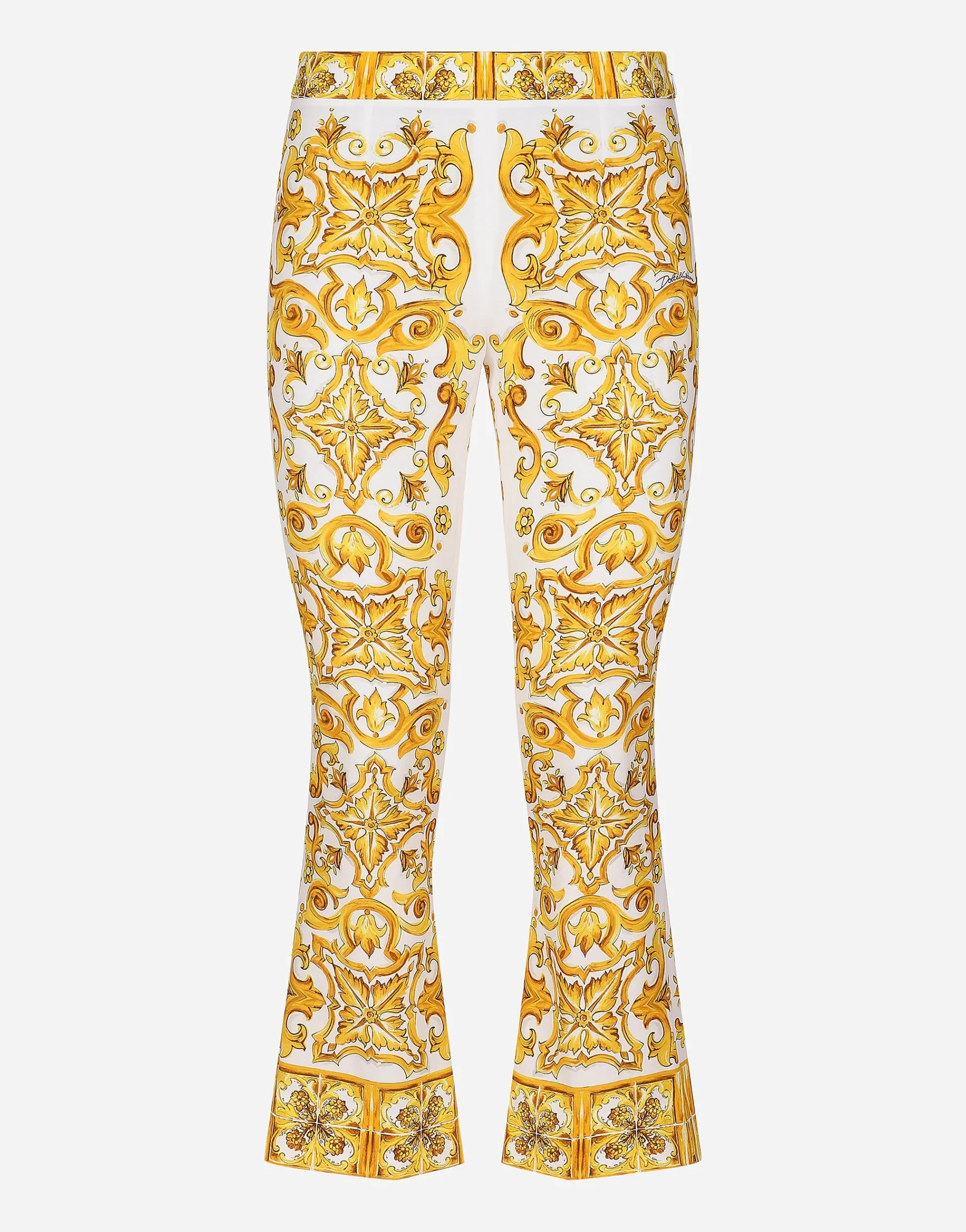 Trumpet-leg silk charmeuse pants with majolica print
