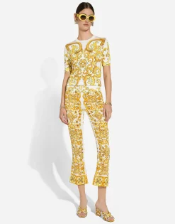 Trumpet-leg silk charmeuse pants with majolica print