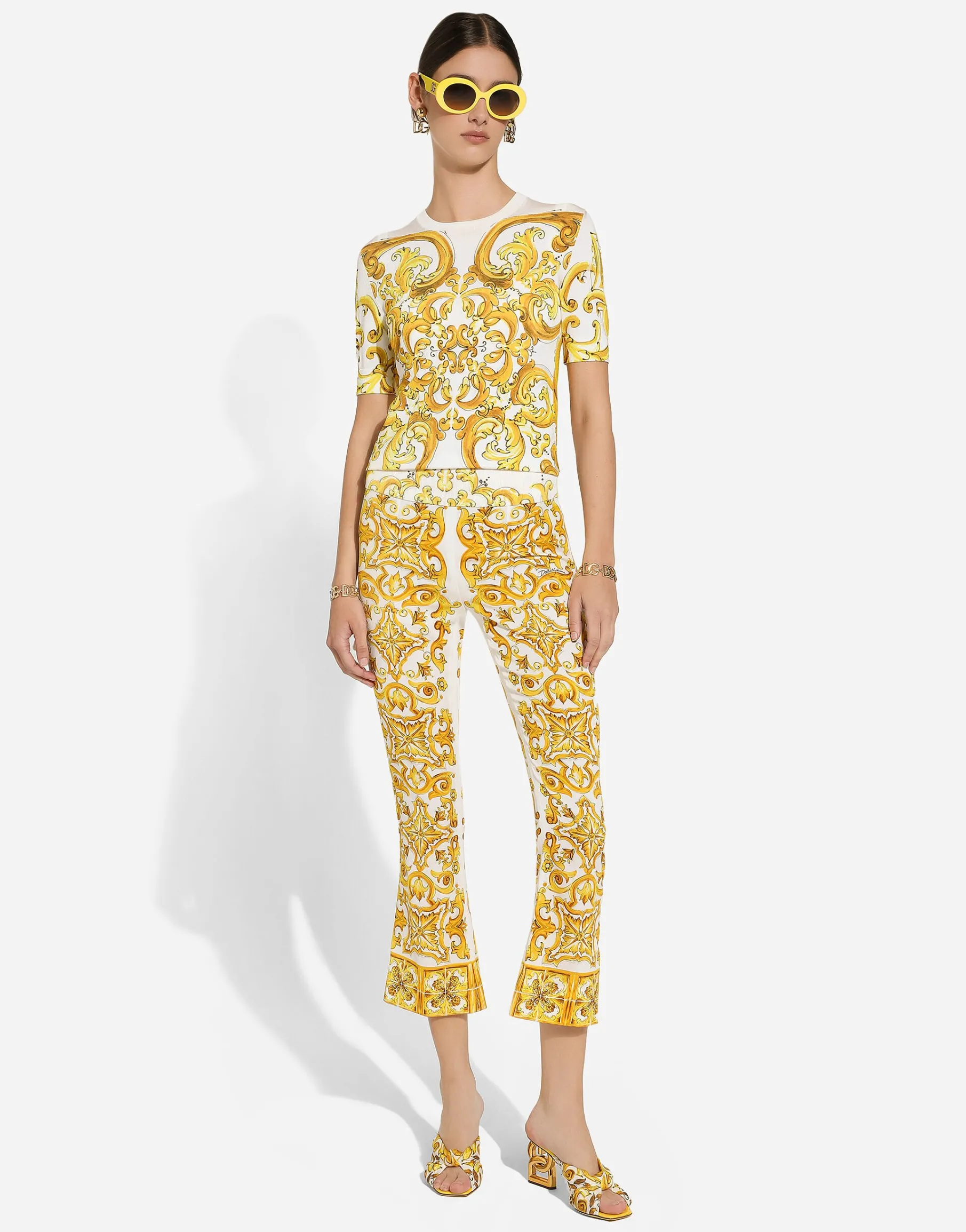 Trumpet-leg silk charmeuse pants with majolica print