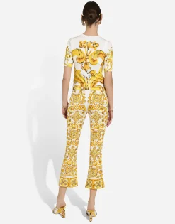 Trumpet-leg silk charmeuse pants with majolica print