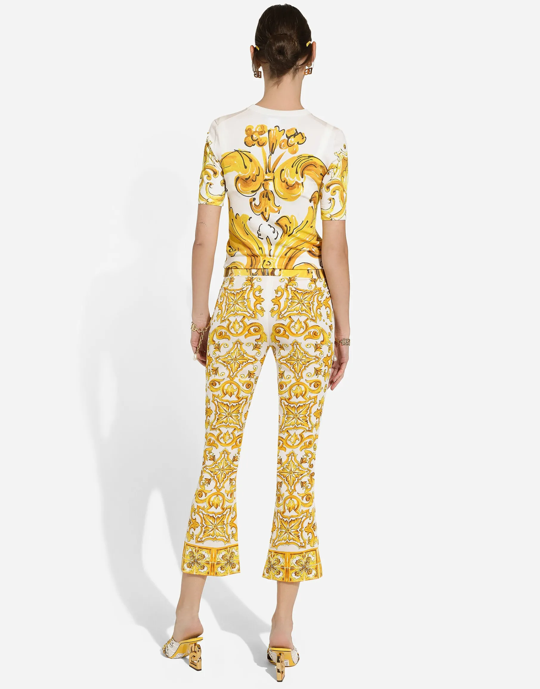 Trumpet-leg silk charmeuse pants with majolica print