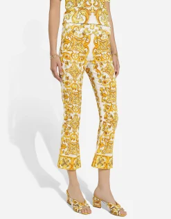 Trumpet-leg silk charmeuse pants with majolica print
