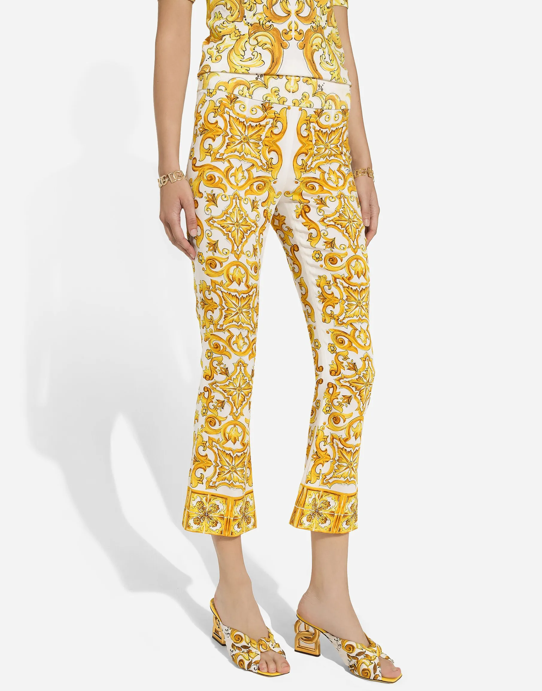 Trumpet-leg silk charmeuse pants with majolica print