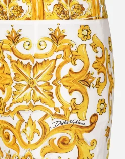 Trumpet-leg silk charmeuse pants with majolica print
