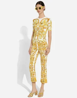 Trumpet-leg silk charmeuse pants with majolica print