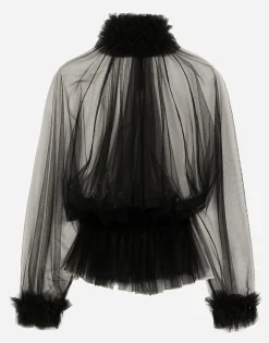 Tulle blouse with ruffles on the neck and cuffs