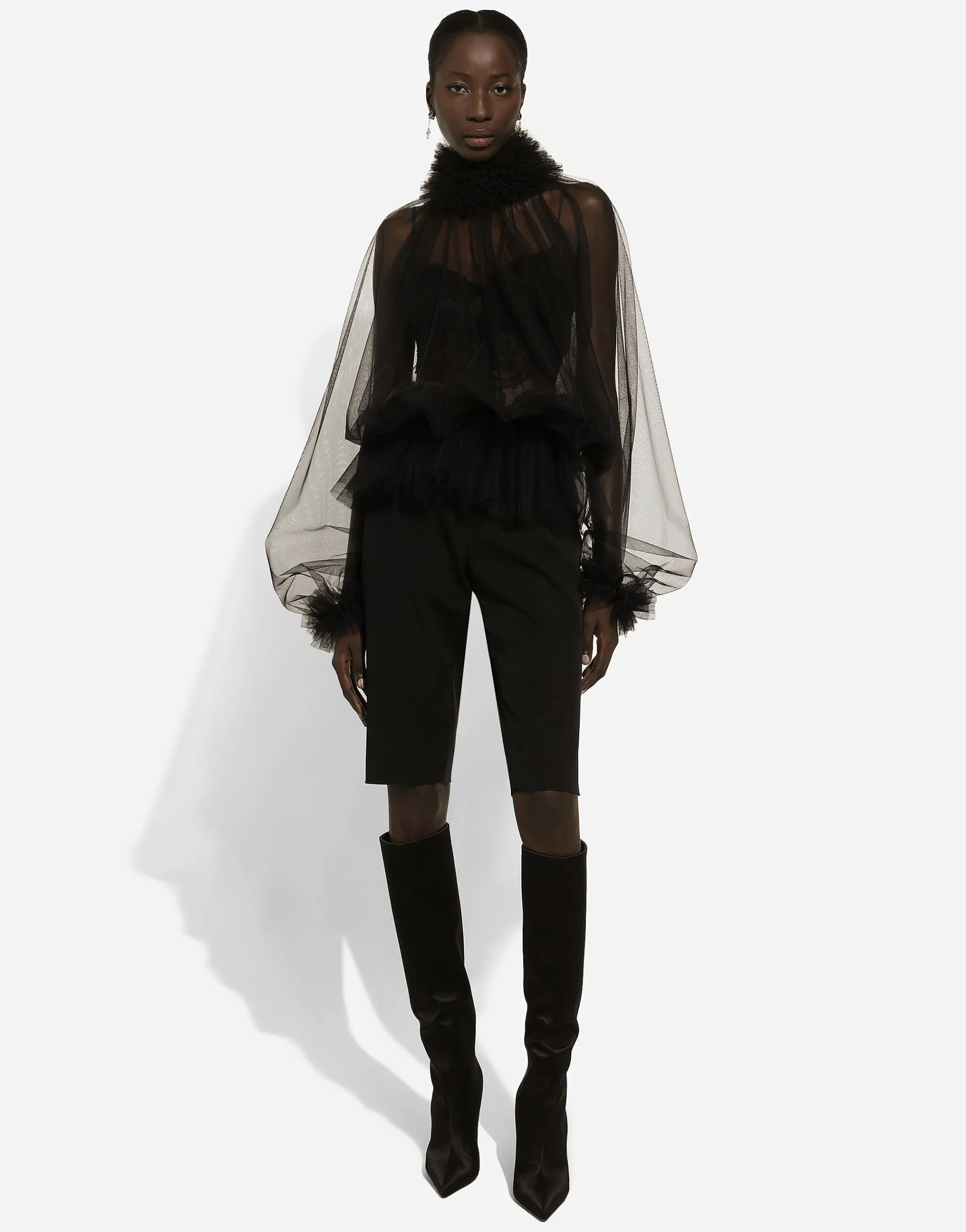 Tulle blouse with ruffles on the neck and cuffs