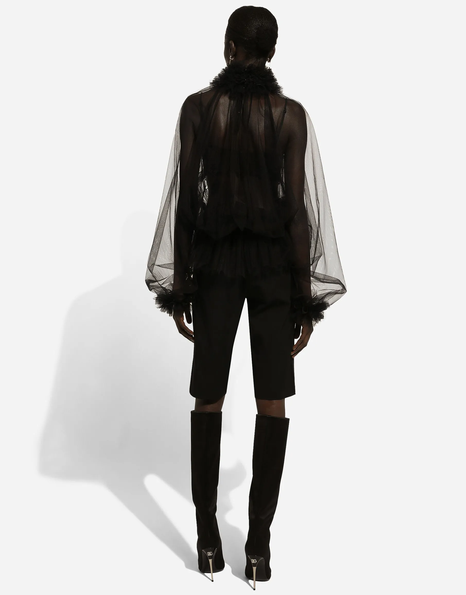 Tulle blouse with ruffles on the neck and cuffs