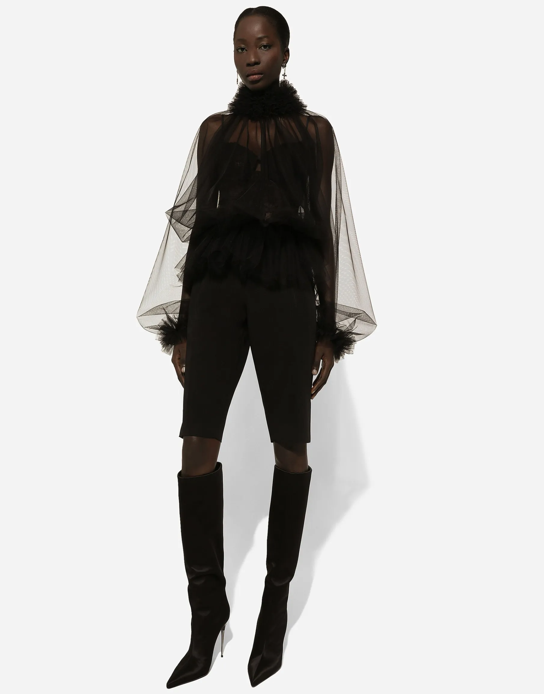 Tulle blouse with ruffles on the neck and cuffs