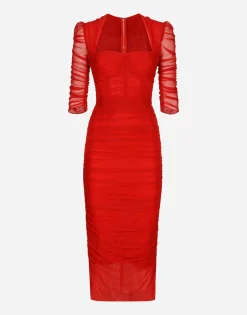 Tulle calf-length dress with draping