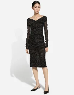 Tulle calf-length dress with draping and polka-dot print
