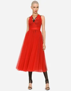 Tulle calf-length dress with sunray pleats