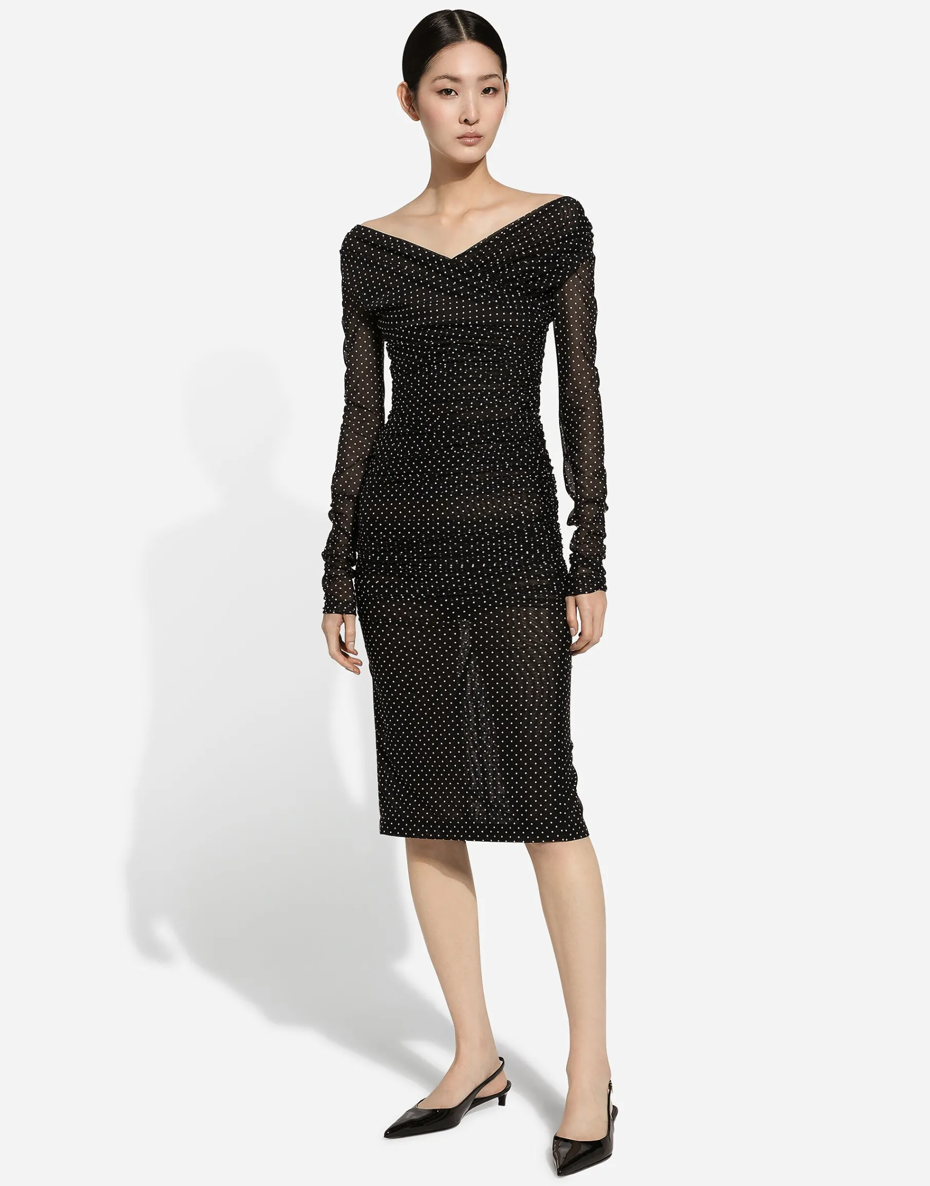Tulle calf-length dress with draping and polka-dot print