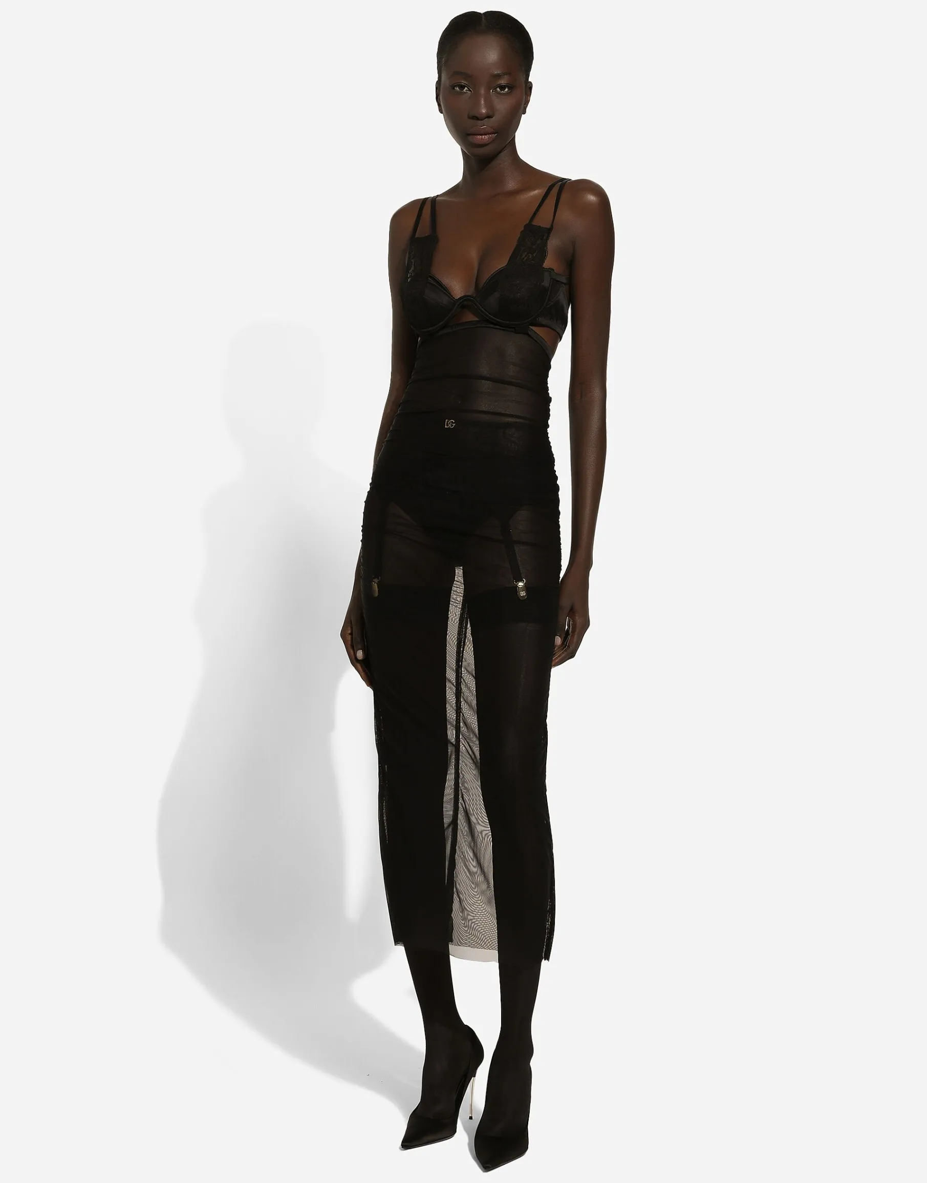 Tulle calf-length dress with corset details