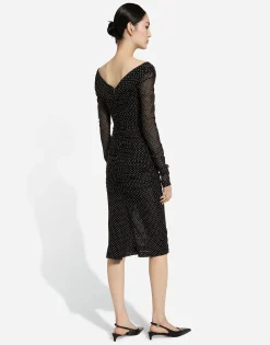 Tulle calf-length dress with draping and polka-dot print