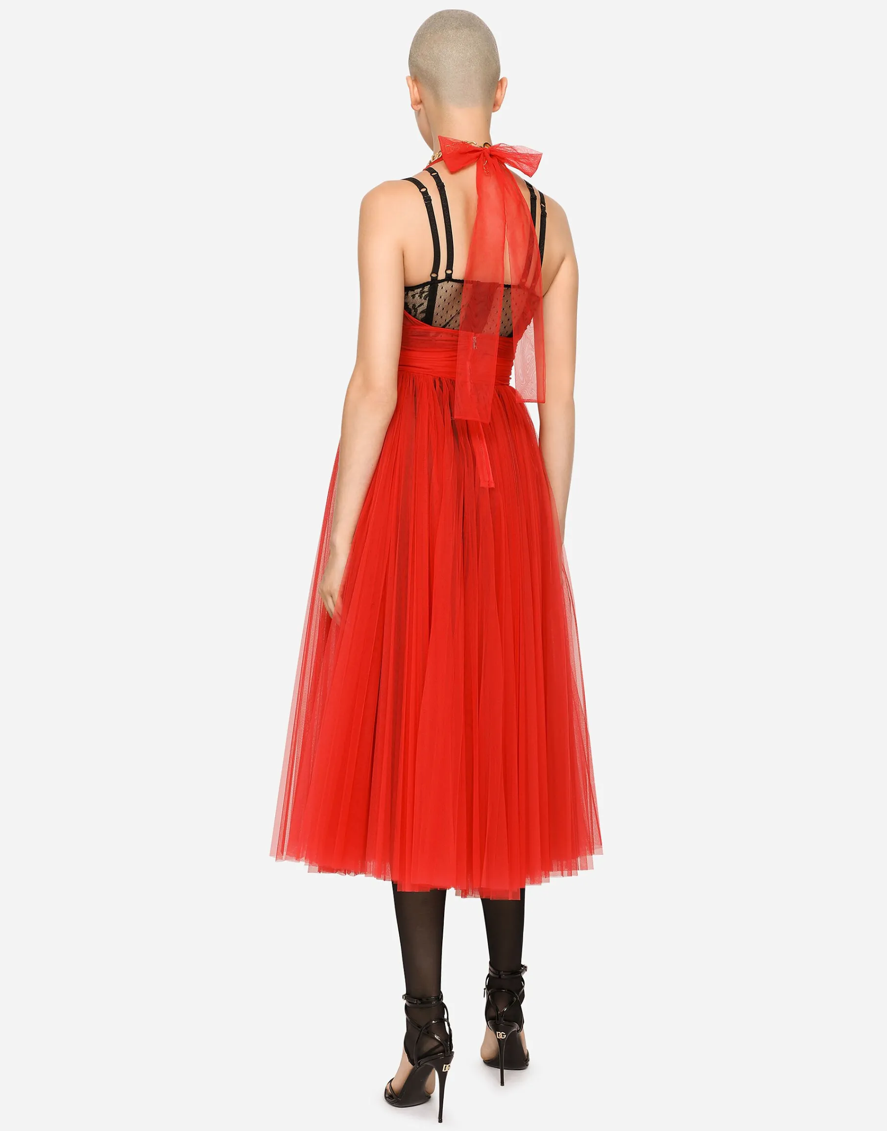 Tulle calf-length dress with sunray pleats