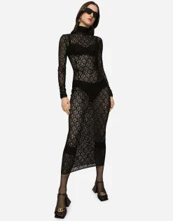 Tulle calf-length dress with all-over DG logo