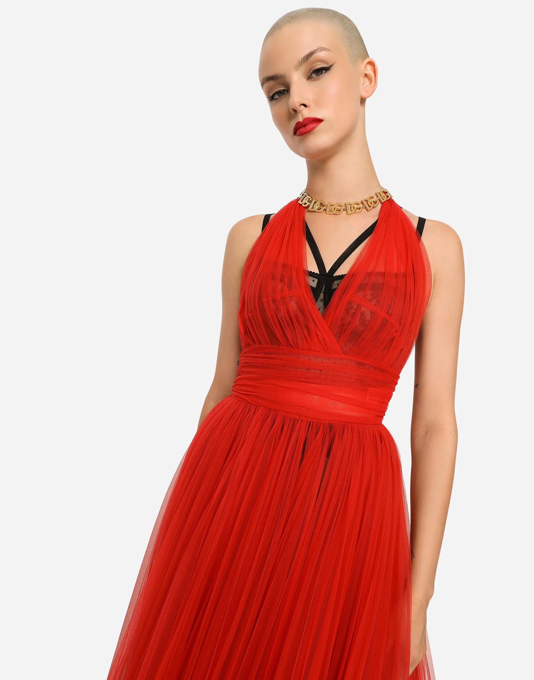 Tulle calf-length dress with sunray pleats