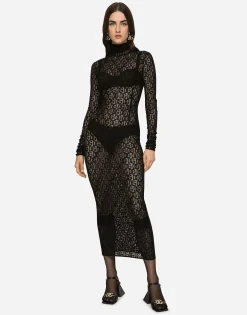Tulle calf-length dress with all-over DG logo