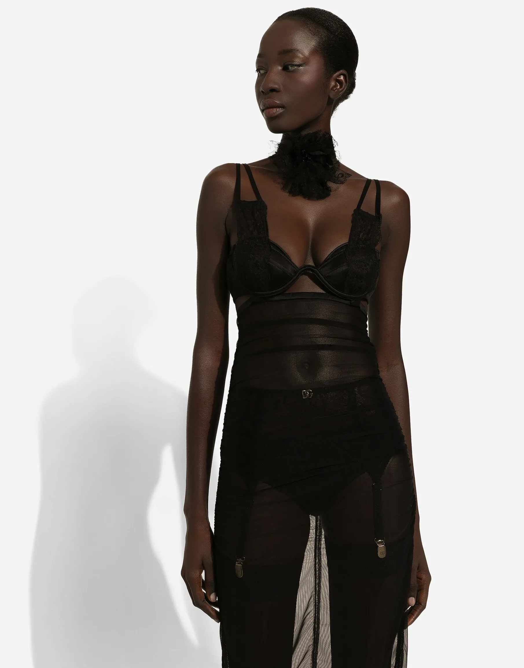 Tulle calf-length dress with corset details