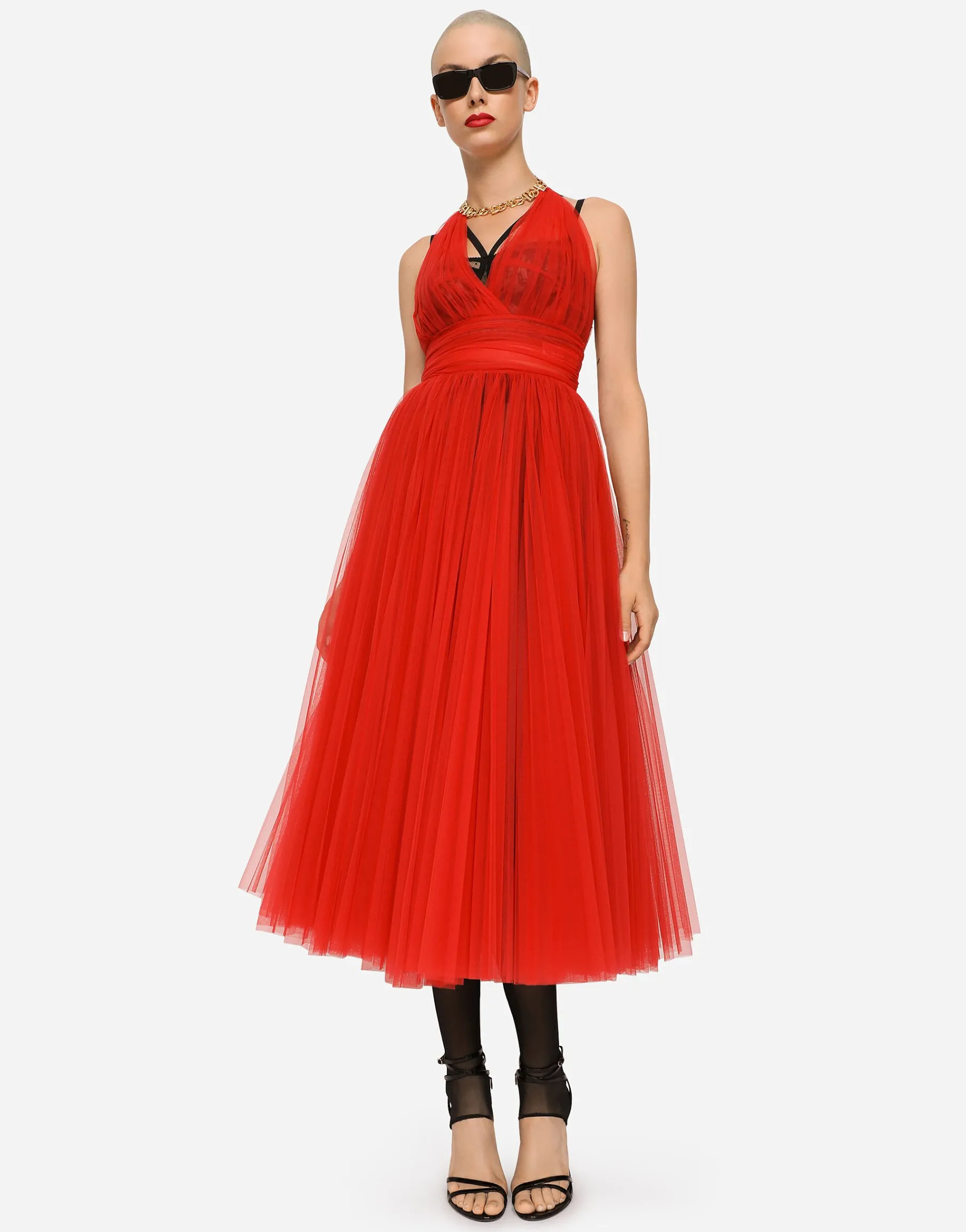 Tulle calf-length dress with sunray pleats