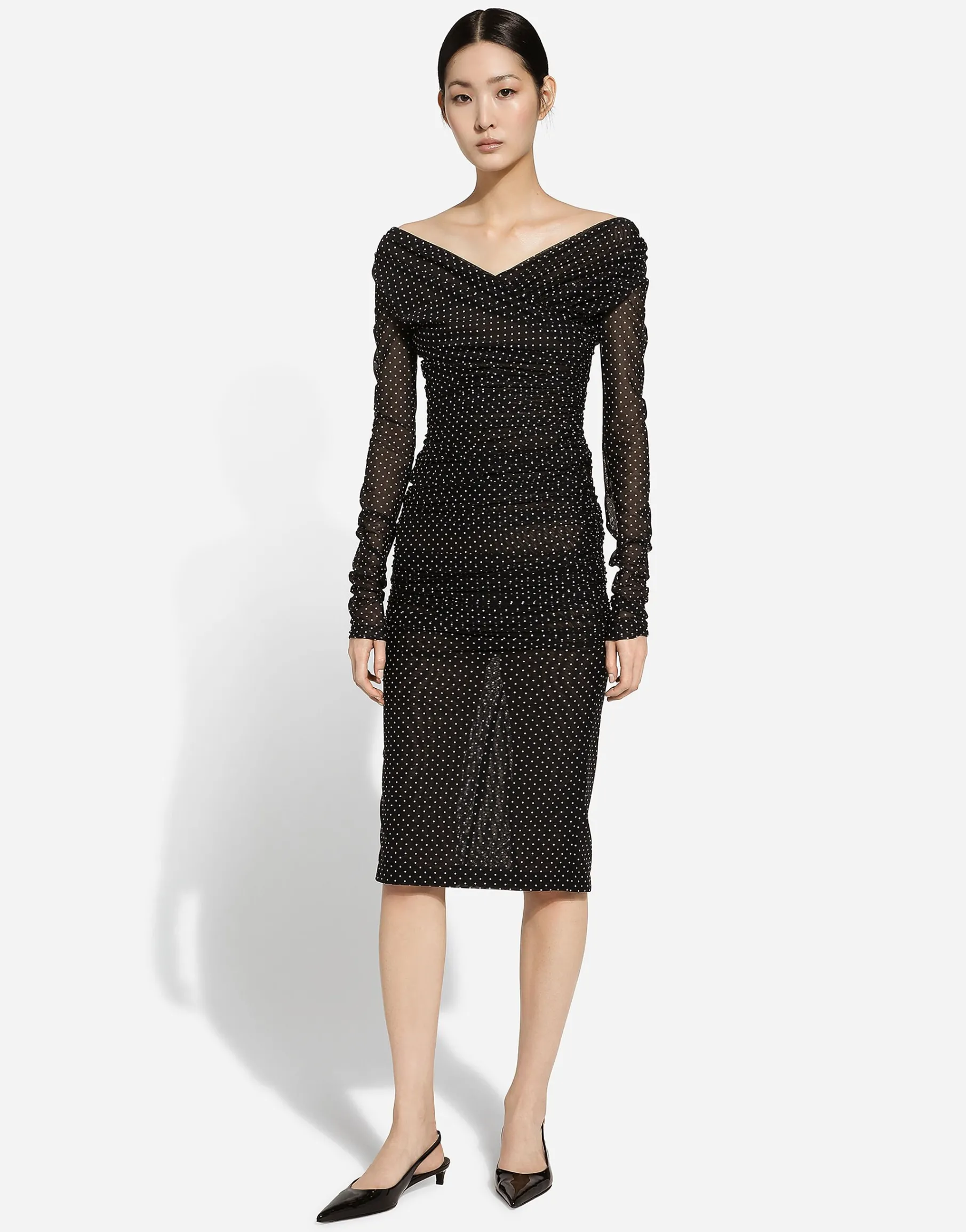 Tulle calf-length dress with draping and polka-dot print