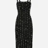 Tulle calf-length sheath dress with draping and polka-dot print