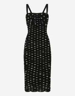 Tulle calf-length sheath dress with draping and polka-dot print