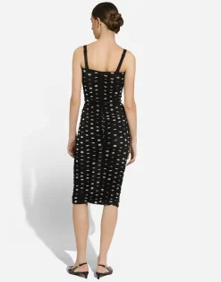 Tulle calf-length sheath dress with draping and polka-dot print