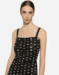 Tulle calf-length sheath dress with draping and polka-dot print