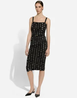 Tulle calf-length sheath dress with draping and polka-dot print