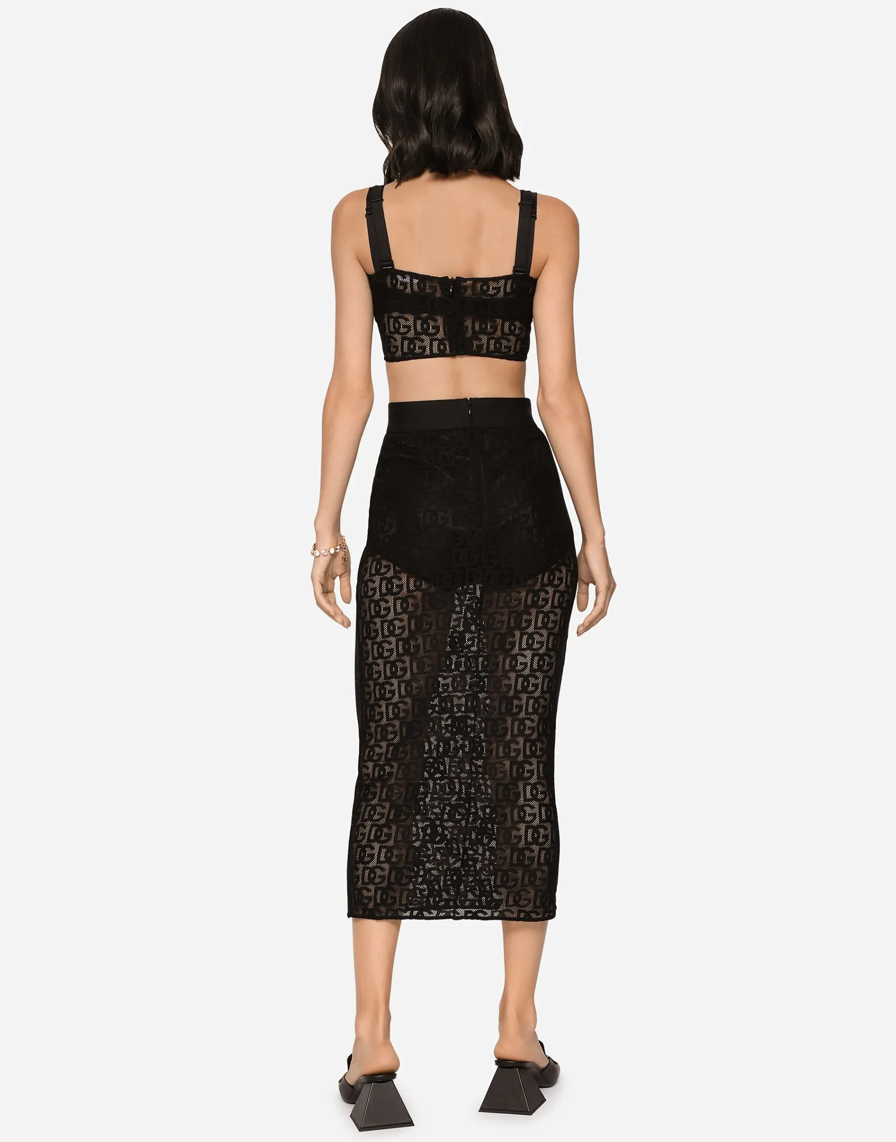 Tulle calf-length skirt with all-over DG logo