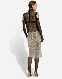 Tulle calf-length skirt with all-over fusible rhinestone embellishment