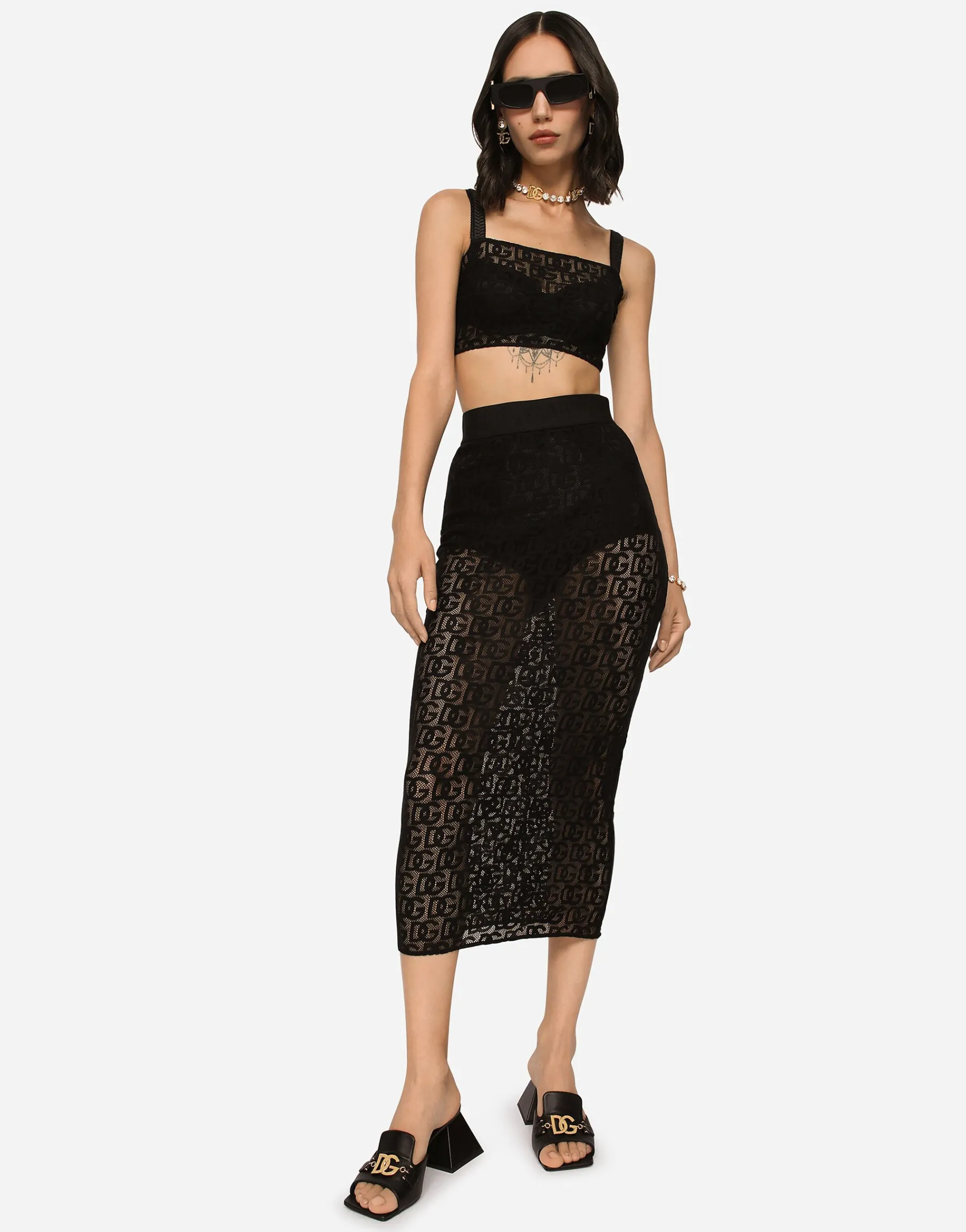 Tulle calf-length skirt with all-over DG logo