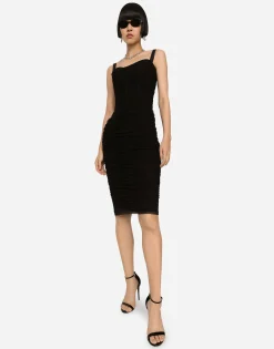Tulle midi dress with draping and corset
