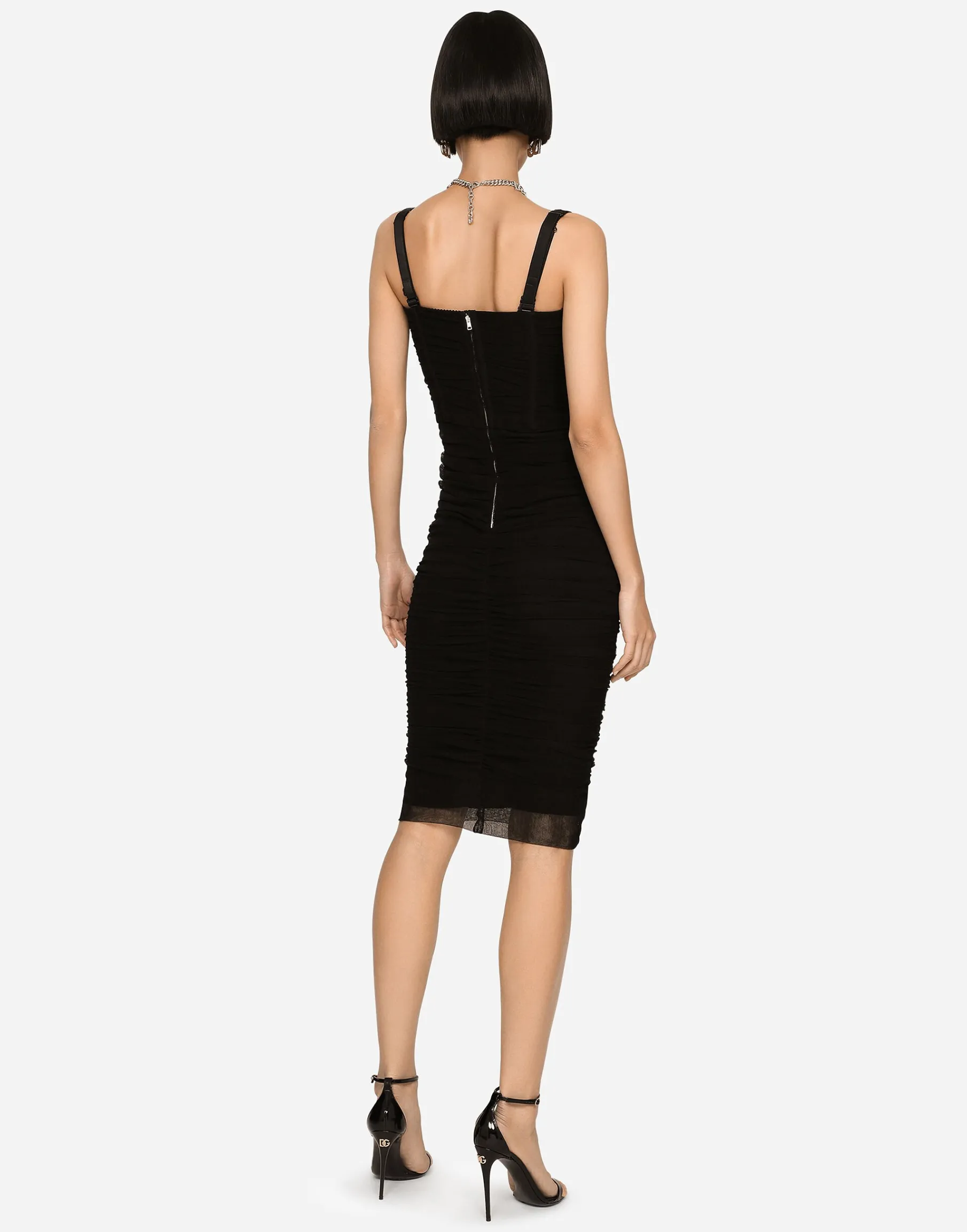 Tulle midi dress with draping and corset