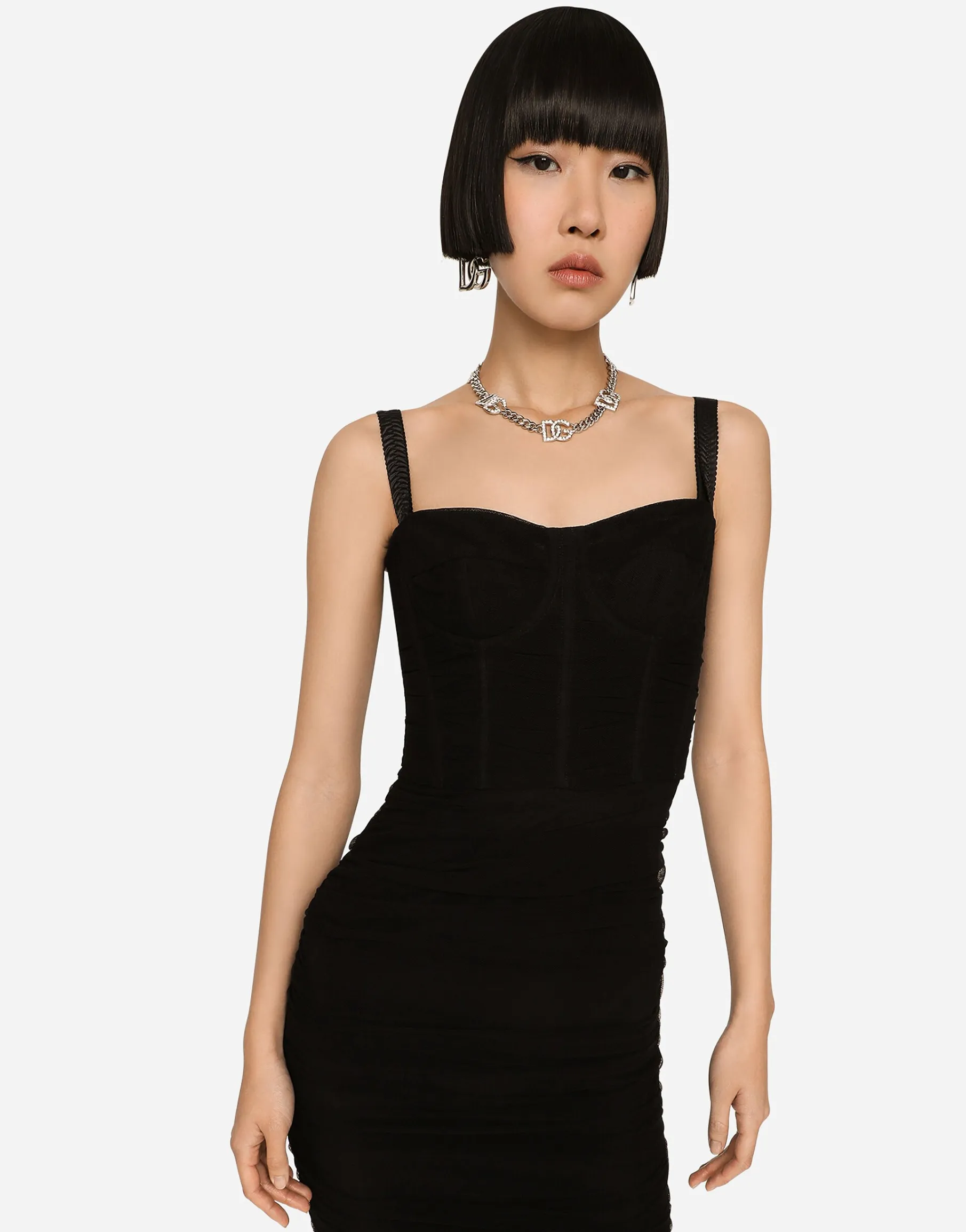 Tulle midi dress with draping and corset
