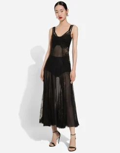Tulle midi slip dress with lace inserts
