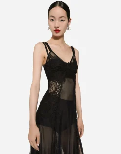 Tulle midi slip dress with lace inserts