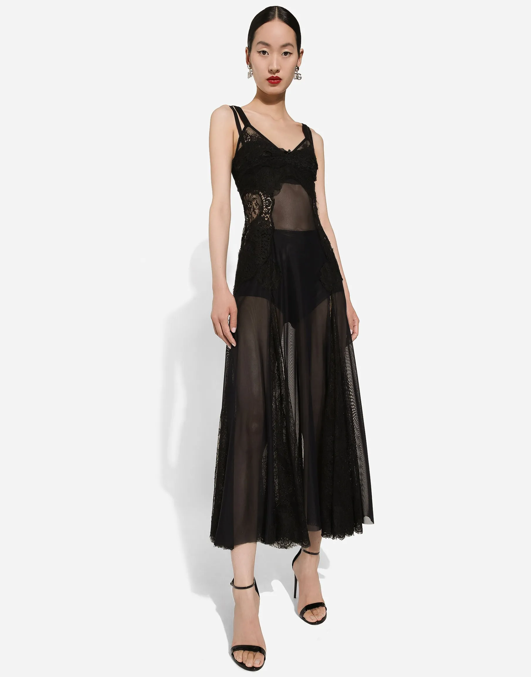 Tulle midi slip dress with lace inserts