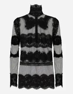 Tulle turtle-neck top with lace inserts